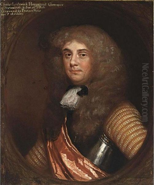 A Portrait Of A Gentleman, Said 
To Be Charles Lodowick Honeywood, Governor Of Portsmouth, Half Length, 
Wearing Armour With A Red Sash And A Wig, In A Painted Oval Oil Painting by Daniel Mytens