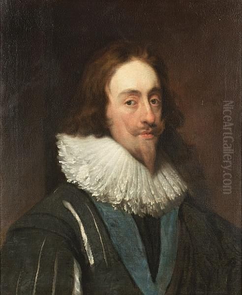 Portrait Of Charles I, 
Bust-length, In A Slashed Dark Blue Tunic, Ruff And The Ribbon Of The 
Order Of The Garter Oil Painting by Daniel Mytens