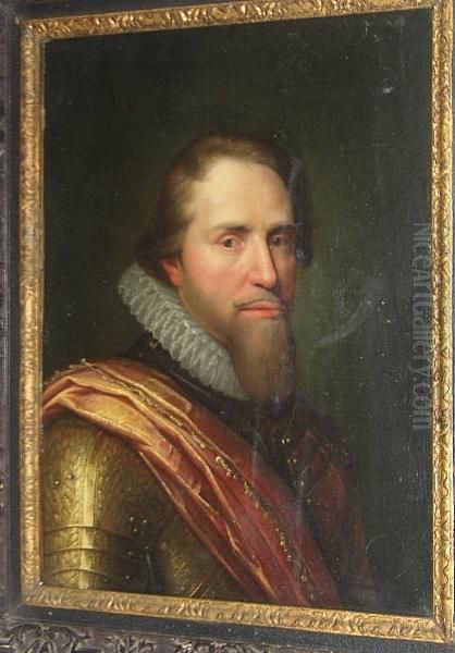 Prince Maurice Of Nassau, Bust Length, In Armour Wearing A White Ruff And Crimson Sash Oil Painting by Daniel Mytens