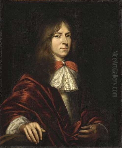 Portrait Of A Gentleman, Three-quarter-length, In A Crimsonrobe Oil Painting by Daniel Mytens