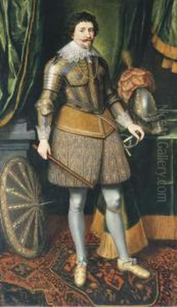 Portrait Of Frederik Hendrik, 
Prince Of Orange (1584-1647),full-length, In Armour With His Plumed 
Helmet And Shield By Hisside Oil Painting by Daniel Mytens