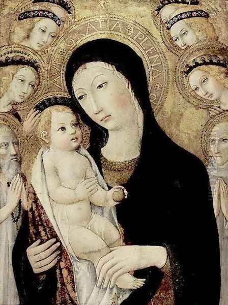 Madonna and Child with Sts Anthony Abbott and Bernardino of Siena c. 1450 Oil Painting by Sano Di Pietro