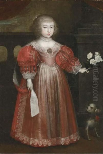 Portrait Of A Girl, Full-length, In A Red Dress And Accompanied By A Dog Oil Painting by Daniel Mytens