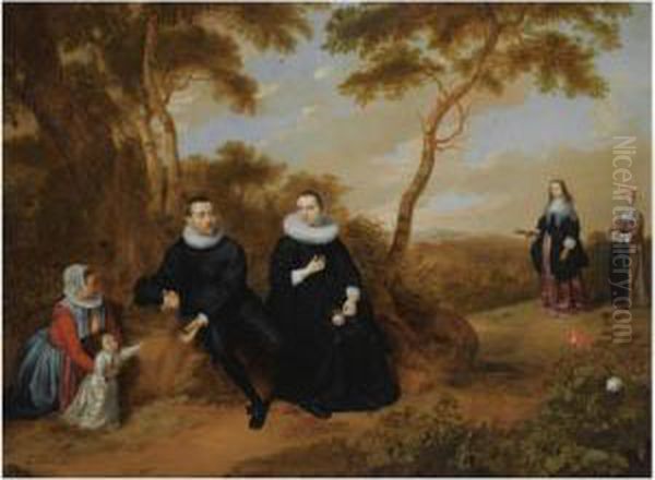 A Portrait Of A Gentleman And 
His Wife, Their Son And A Wetnurse, Seated Full-length In A Wooded 
Landscape, Their Daughter Anda Maid Approaching On A Path Oil Painting by Jan Mytens