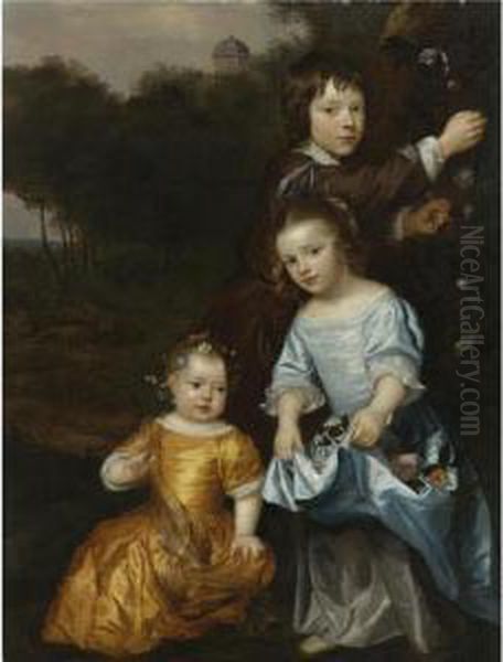 Portrait Of Three Children In A Landscape Oil Painting by Jan Mytens