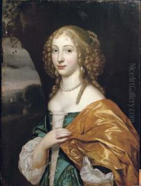 Portrait Of A Young Lady, Said 
To Be Mlle De La Valleiare, The Mistress Of Louis Xiv, Half-length, In A
 Blue Dress With Pearls And An Ochre Wrap, A Landscape Beyond Oil Painting by Jan Mytens