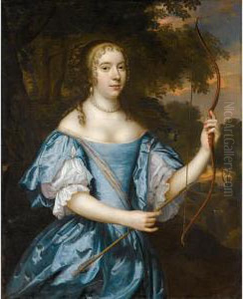 Portrait Of A Lady As Diana, 
Three-quarter Length, Wearing A Blue Silk Dress And A Pearl Necklace, 
And Holding A Bow And Arrow Oil Painting by Jan Mytens