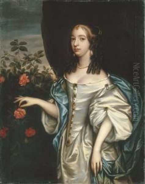 Portrait Of Lady, Three-quarter 
Length, In A Grey Satin Dress Andpearl Jewels, Beside A Rose Bush Oil Painting by Jan Mytens