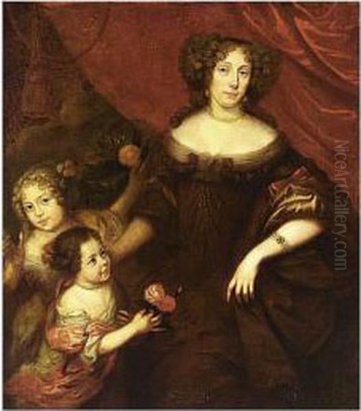 Portrait Of A Lady With Her Two 
Daughters, One Holding An Orange Tree, And The Other Roses Oil Painting by Jan Mytens