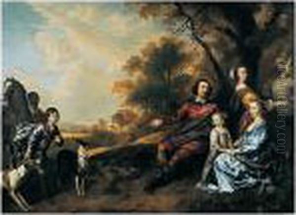 A Family Group Portrait: A Lady 
And Gentleman Seated In A Landscape Beside Their Two Daughters, Their 
Son With Two Dogs And A Horse Held By A Negro Groom To The Left Oil Painting by Jan Mytens