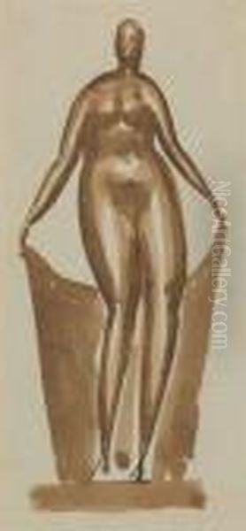 Female Figure Holding Drape Oil Painting by Elie Nadelman