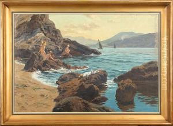 Tillskriven, Kustlandskap Med Nakenbadande Sallskap Oil Painting by Robert Nadler