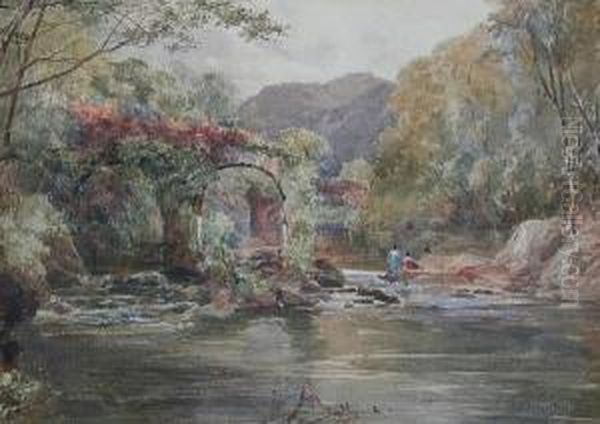 A River Landscape With Figures Seated On Rocks By Stone Archways Oil Painting by Paul Jacob Naftel