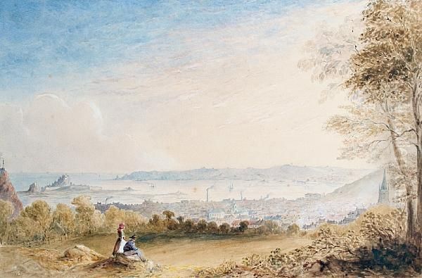 Figures On A Hill, With A View Across St Helier, Jersey, Beyond Oil Painting by Paul Jacob Naftel