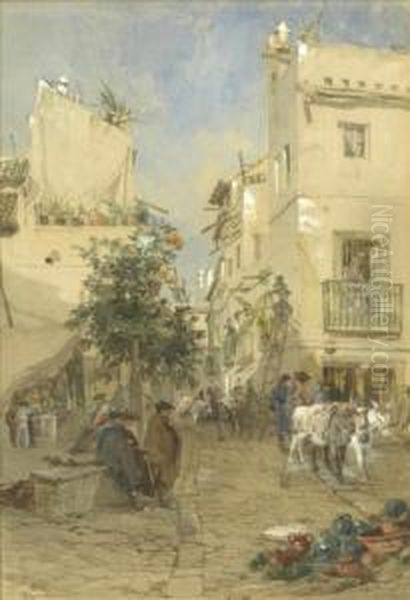 A Continental Street Scene Oil Painting by Paul Jacob Naftel