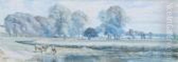 Horses In The Water Meadow Oil Painting by Paul Jacob Naftel