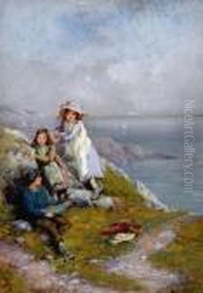 Coastal Scene With Children On A Cliff Oil Painting by Paul Jacob Naftel