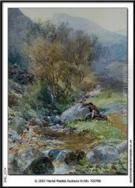 A Traveller Resting By A Mountainstream Oil Painting by Paul Jacob Naftel