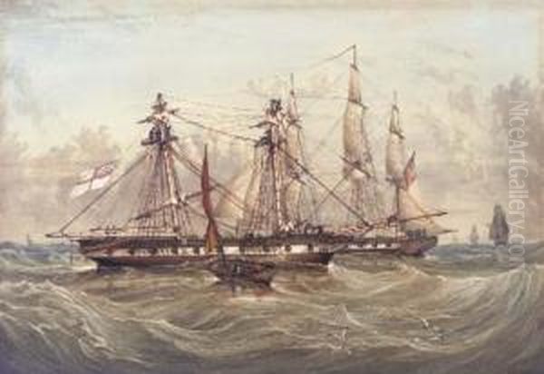 Hoisting The Sails On Two Frigates Oil Painting by John George Naish