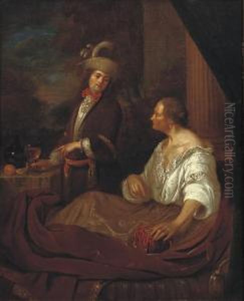 A Gentleman Visiting An Old Lady On A Terrace Oil Painting by Matthijs Naiveu