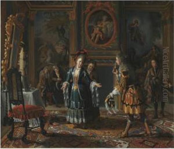 A Sumptuous Interior With An Elegantly Dressed Gentleman Payingcourt To A Lady Oil Painting by Matthijs Naiveu