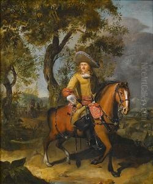 An Equestrian Portrait Of A 
Cavalry Officer Of The Dutch East India Company With A Military 
Encampment Beyond Oil Painting by Matthijs Naiveu