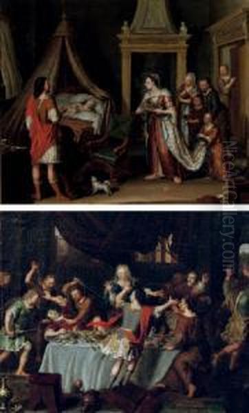 Absalon Having His Half-brother 
Amnon Killed At A Banquet; And The Reconciliation Of Absalon With His 
Father, King David, Through The Mediation Of The Woman From Tekoa Oil Painting by Matthijs Naiveu