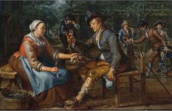 A Lady Offering A Herring And An
 Onion To A Soldier Holding A Glass Of Beer, Other Soldiers Playing 
Skittles Beyond Oil Painting by Matthijs Naiveu