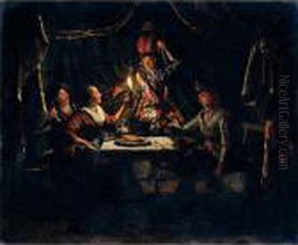 Nocturnal Scene With A Harlequin Surprising A Merry Company In A Curtained Interior Oil Painting by Matthijs Naiveu