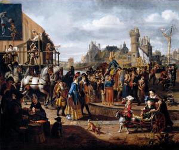 Carnival Scene In A Dutch 
Riverside Town, With Actors Performing, An Elegant Couple Promenading 
And A Young Child In A Cart Being Pulled By A Dog Oil Painting by Matthijs Naiveu