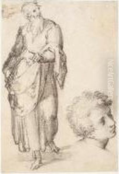 A Standing Bearded Man And A 
Separate Study Of The Head Of A Young Man Seen Almost In Profile Oil Painting by Giovan Battista Naldini