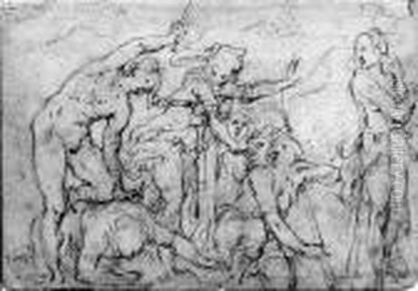 A Group Of Figures Fighting 
(recto); A Study After Michelangelo(verso): A Page From An Album Oil Painting by Giovan Battista Naldini