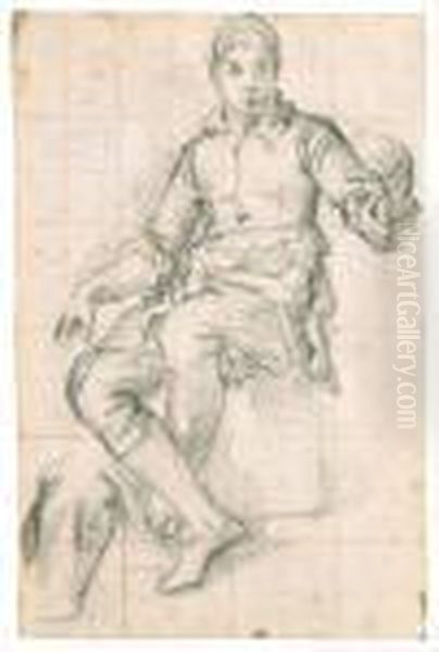 A Seated Boy, A Subsidiary Study Of Drapery, And A Faint Study Of Ahead, Upper Left
With Inscription 'carache'
Black And White Chalk, Squared In Red Chalk, Watermark Device Oil Painting by Giovan Battista Naldini