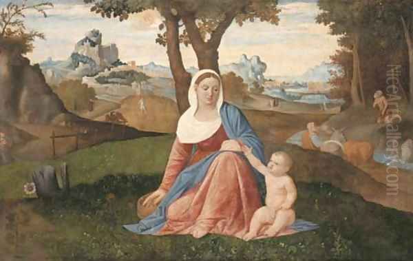 The Rest on the Flight into Egypt with the Penitent Saint Jerome in a wooded river landscape, Saint Antony Abbot and the Predication of the Baptist Oil Painting by Benedetto Diana