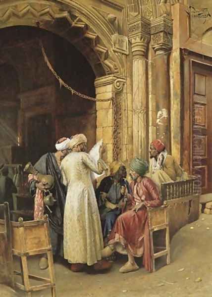 A gathering around the morning news, Cairo Oil Painting by Ludwig Deutsch