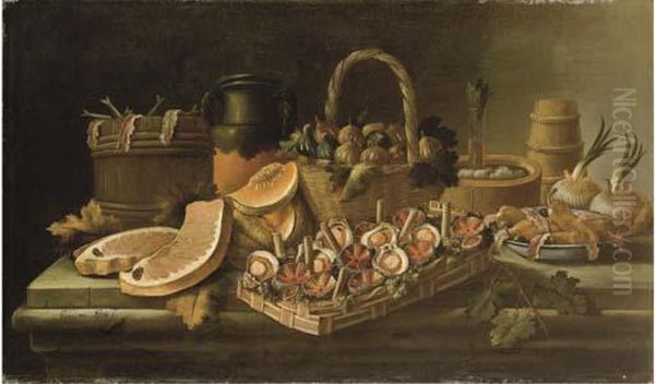 Cestino Con Ricci E Capesante, 
Cestino Di Fichi, Un Piatto Conolive, Pere E Filetto Di Alici, Cipolle, 
Meloni E Vari Contenitoridi Legno Oil Painting by Giacomo Nani