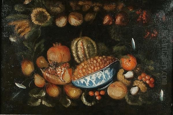 Still Life With Pomegranites, 
Cherries, A Blue And White Bowl Of Currants, Other Fruit, Funghi And 
Flowers Oil Painting by Giacomo Nani