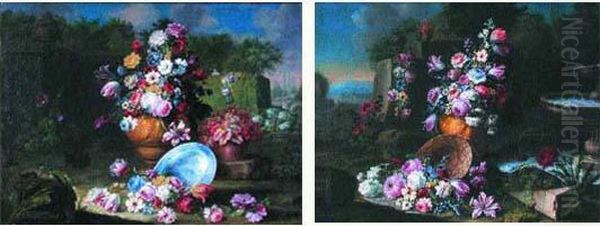  Vases De Fleurs Et Plat En Porcelaine Dans Un Paysage  Oil Painting by Giacomo Nani