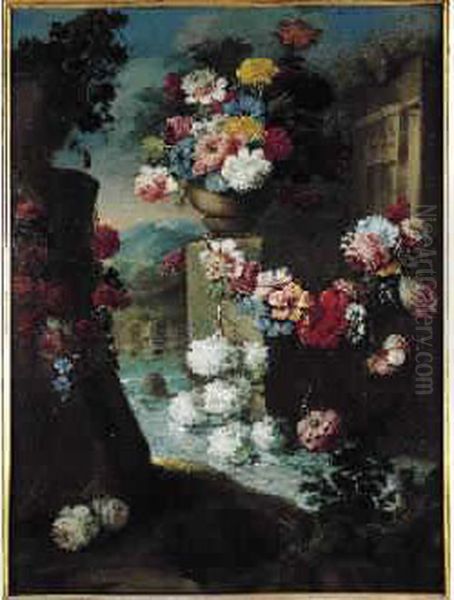 Natures Mortes Aux Vases De Fleurs Sur Fond De Paysage Oil Painting by Giacomo Nani