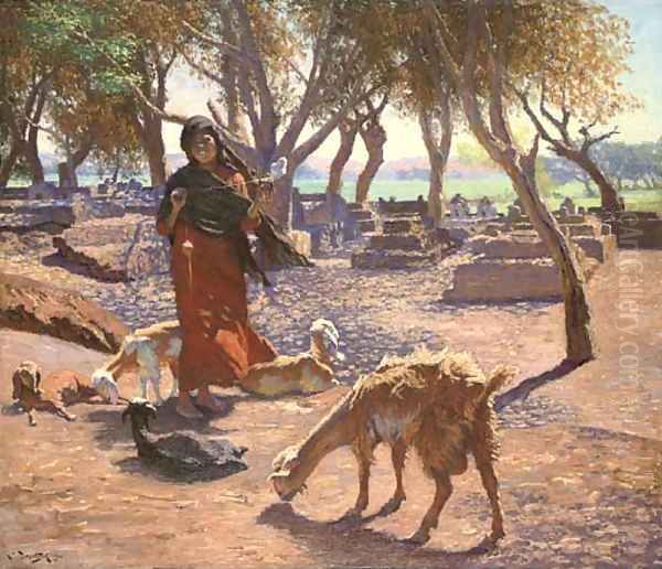 La petite chevriere de Choubrah, Egypte Oil Painting by Ludwig Deutsch