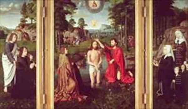 Jean de Trompes Triptych with the Baptism of Christ in the Central Panel and Patrons Oil Painting by Gerard David