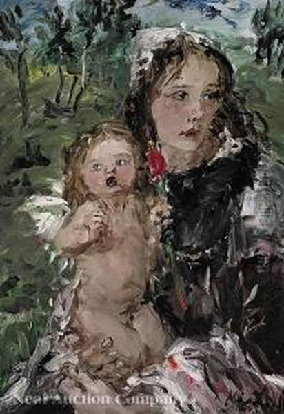 A Mother And Child In Agarden Oil Painting by Aurel Naray