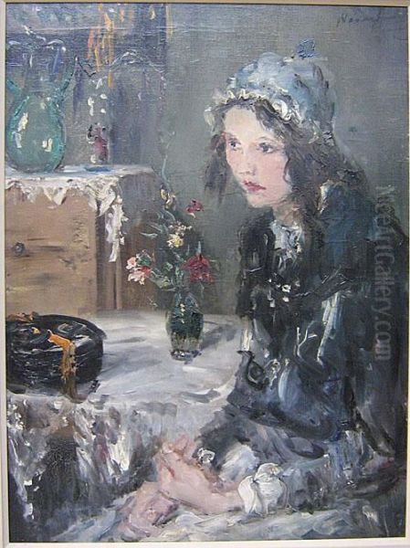 Jonge Vrouw Aan Tafel. Oil Painting by Aurel Naray