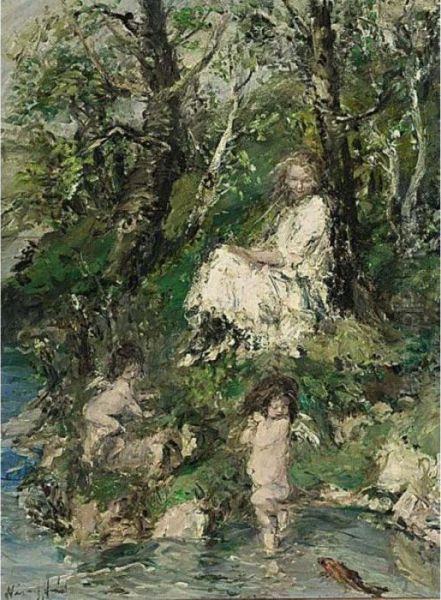 Little Children Playing At The Water Side Oil Painting by Aurel Naray