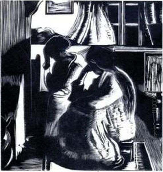 Two Women Seated By An Open Fire Oil Painting by John Nash