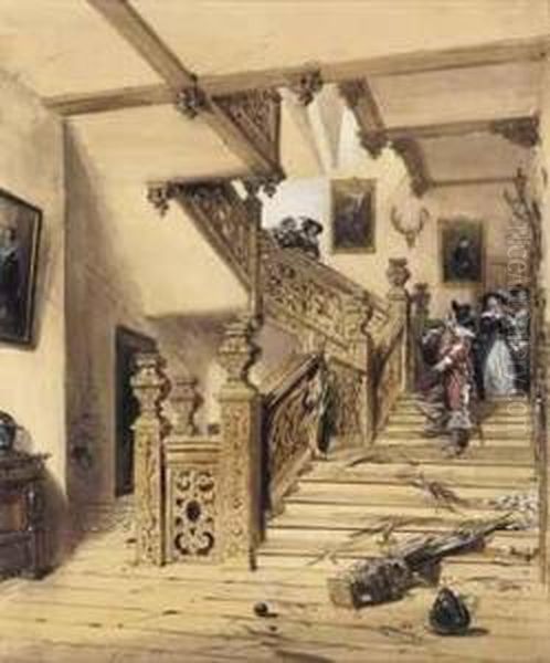 A Duel On The Staircase Of Aston
 Hall, Warwickshire, A Scene Fromits Siege During The Civil War Oil Painting by Joseph Nash