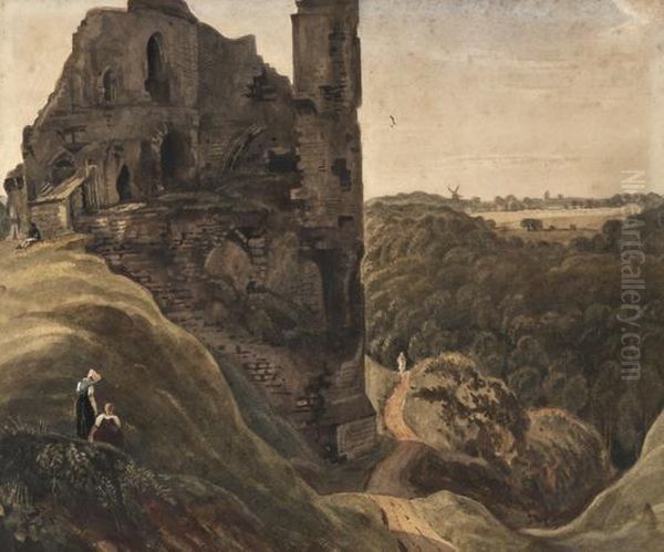 Figures Beside A Ruined Castle Oil Painting by Joseph Nash