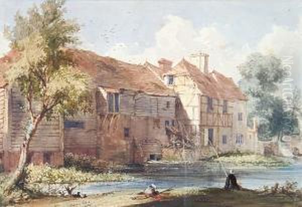 Fisherman On A Bank Before A Windmill Oil Painting by Joseph Nash