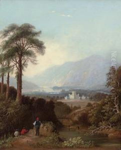 Fishermen By The River Tay, Perthshire, With Taymouth Castle Beyond Oil Painting by Charlotte Nasmyth