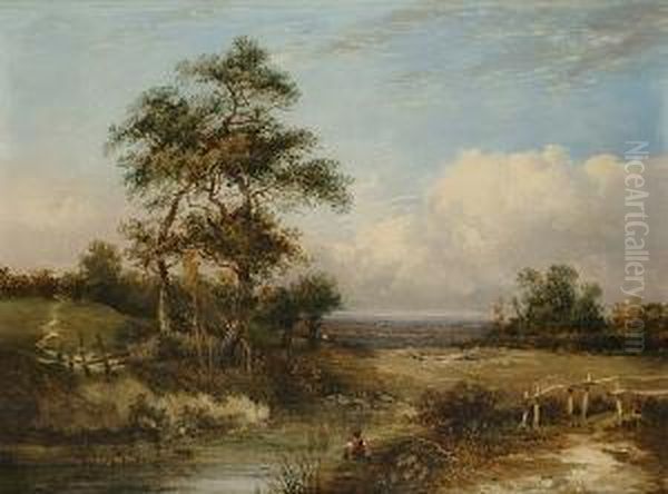 A Figure Fishing In A Country Landscape Oil Painting by Charlotte Nasmyth